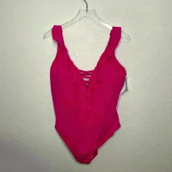 Bleu Rod Beattie Hot Pink Lattice Ruffle One Piece Swimsuit 20W - Picture 2 of 10